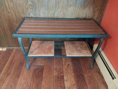 WOOD SLATTED TOP WITH METAL FRAME BENCH? PATIO COFFEE TABLE? BOTH?