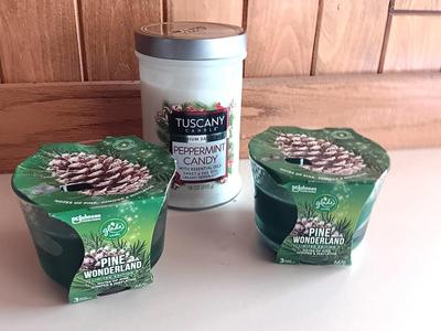 Three new scented candles - Glade Pine wonderland, and Tuscany Peppermint candy
