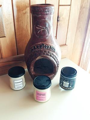 Miniature Skeeterlog Chiminea with three new scented bed bath & Beyond candles
