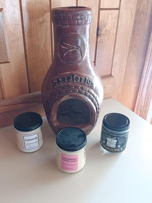Miniature Skeeterlog Chiminea with three new scented bed bath & Beyond candles