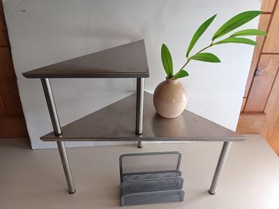 Free standing light-weight stainless decorative shelf with faux accent plant and paper organizer