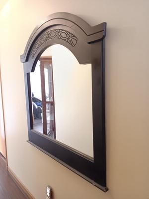 Large decorative framed mirror with accent design wooden frame