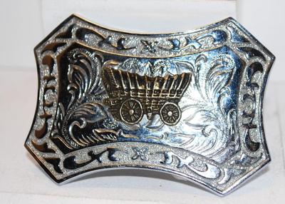 Bronze Style "Covered Wagon" Belt Buckle on a Silver Tone Base 3 1/2" x 2 1/2"