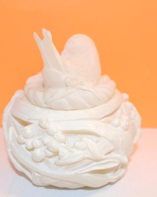 Vintage Carved White Jade Style Trinket Box with Bird Cover