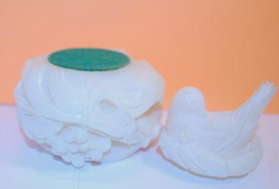 Vintage Carved White Jade Style Trinket Box with Bird Cover