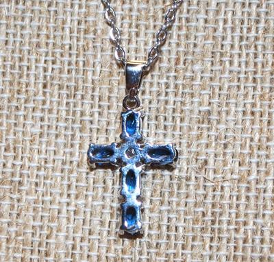 Petite Pendant Cross on Silver Chain Necklace with Blue Cubic Zirconia Stones 20