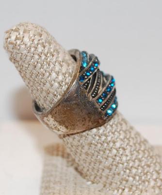 Ring with 9 Overlapping Rows+46 Turquoise Blue Stones (12.4g) Size 8 3/4