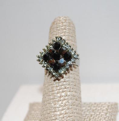 Diamond Shape Aggregate Black Stones Ring with Clear Stones Surround and Split Band (5.4g) Size 6 1/2