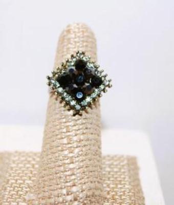 Diamond Shape Aggregate Black Stones Ring with Clear Stones Surround and Split Band (5.4g) Size 6 1/2