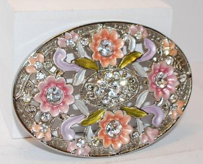 Pink & Purple Flowered Belt Buckle with Lots of Sparkle Clear Stones 3 1/2