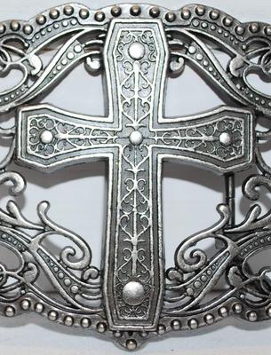 Large Cross on Open Swirl Design Belt Buckle 3 3/4" x 3"