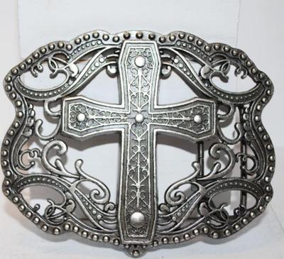 Large Cross on Open Swirl Design Belt Buckle 3 3/4" x 3"