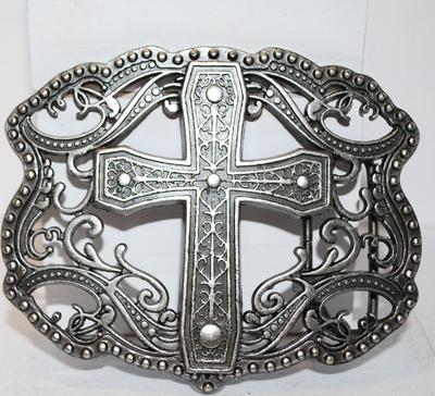 Large Cross on Open Swirl Design Belt Buckle 3 3/4" x 3"