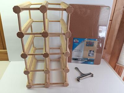 WINE & CHEESE Bamboo wooden wine rack with cheese slicer and a new unframed cork board for the menu