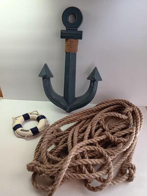 Nautical home decor - Anchor with hooks, rope and a Welcome Aboard life ring