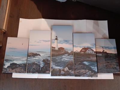 5 panel canvas wall art lighthouse beach ocean nautical scene