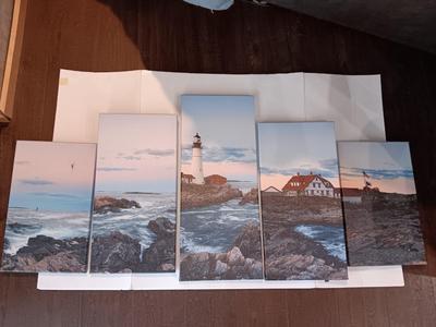 5 panel canvas wall art lighthouse beach ocean nautical scene
