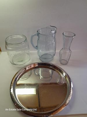 Glass water pitcher, Vase and MASON Jar canister with chrome metal tray