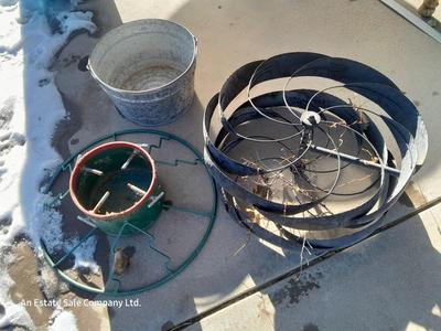 Galvanized metal bucket, Metal Tree stand and whirly- gig part