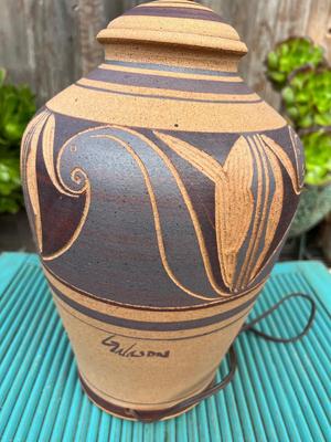 Vintage MCM Hand Thrown Stoneware Pottery Table Lamp Signed G. Wilson NO SHADE