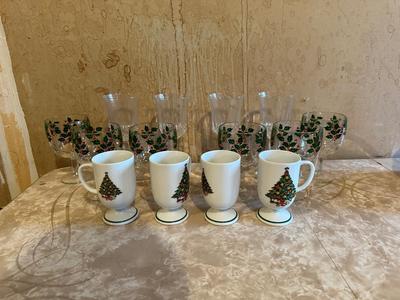 HOLIDAY STEMMED GLASSES, MUGS AND 4 CRYSTAL WINE GLASSES