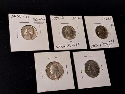 2 STATEHOOD QUARTERS AND 3 MS65 NICKELS