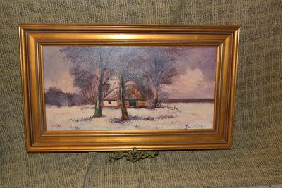 Original Signed Oil on Canvas Winter Pastoral 29.5â€x17.5â€