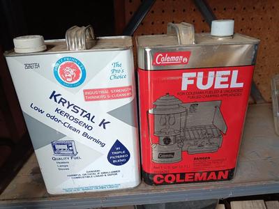 Camping Fuel - Coleman Fuel full metal can, and Krystal K Kerosene partial full metal can