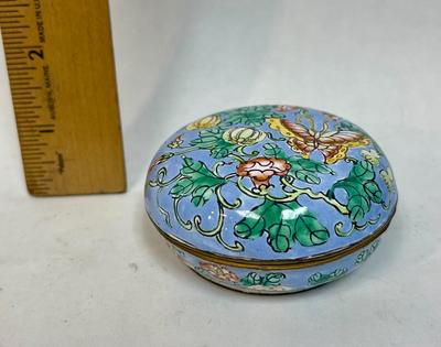 Trinket Box, Porcelain Floral and Butterfly Pattern on Blue Background