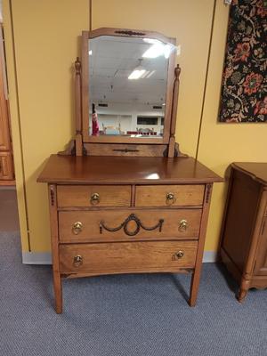 ANTIQUE ASH WOOD 4 DRAWER DRESSER WITH MIRROR AND CAST IRON ACCENTS