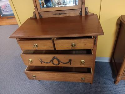 ANTIQUE ASH WOOD 4 DRAWER DRESSER WITH MIRROR AND CAST IRON ACCENTS