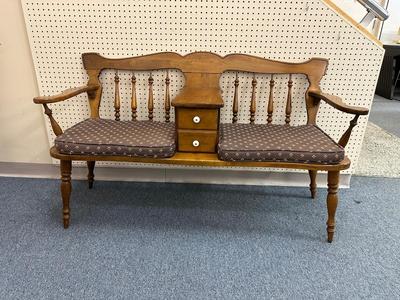 EARLY AMERICAN MAPLE BENCH WITH CENTER DRAWER AND CUSHIONS