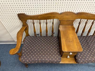 EARLY AMERICAN MAPLE BENCH WITH CENTER DRAWER AND CUSHIONS