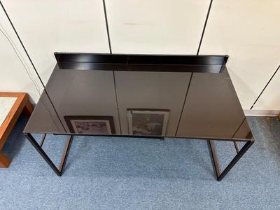 GLASS TOP DESK WITH A FOLD UP METAL FRAME