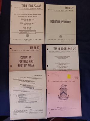 Military issued Army technical Manuals - Combat - Mountain operations - Rifle - Fortified positions - tools lists & more.