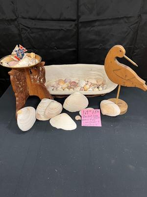 BASKET OF SEA SHELLS, BRASS PLATE, WOODEN SEAGULL AND MORE