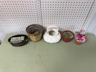 FAUX FLOWER POTS AND WOVEN WICKER PLANTER