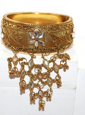 Large Gold Cuff Bracelet with Clear Stones Band & Dangles 2Â½" circ.