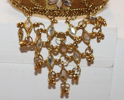 Large Gold Cuff Bracelet with Clear Stones Band & Dangles 2Â½" circ.