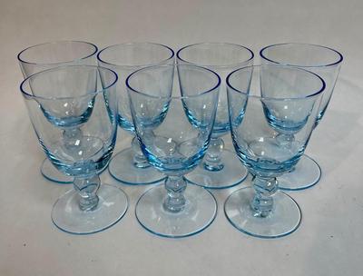 Set of (7) Ice Blue Vintage Glass Stemware Small Goblets