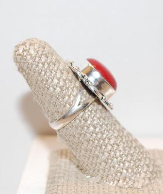 Size 7Â½ Round Red Coral .925 Silver Plated Ring (7.2g)