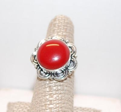 Size 7Â½ Round Red Coral .925 Silver Plated Ring (7.2g)