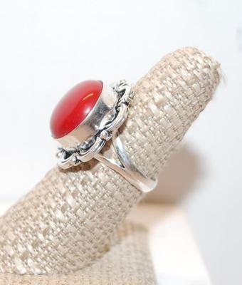 Size 7Â½ Round Red Coral .925 Silver Plated Ring (7.2g)