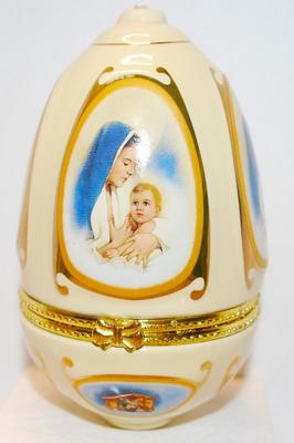 "Mother Mary & Child" Hinged Egg Shaped Trinket Box 4 Â½" H