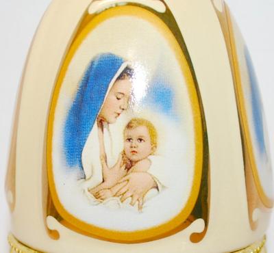 "Mother Mary & Child" Hinged Egg Shaped Trinket Box 4 Â½" H