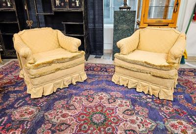Two Custom Club Chairs in Yellow Silk