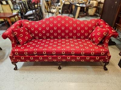 Queen Anne Camelback Sofa in Red Silk