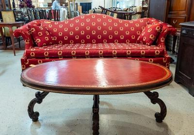 Queen Anne Camelback Sofa in Red Silk