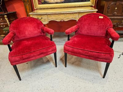 Two Black Lacquer and Red Velvet Chairs