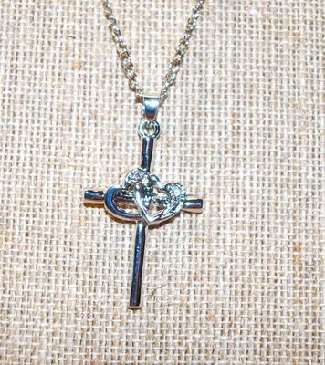 Double Heart Silver Tone Cross (1Â½" x Â½") Pendant Necklace 18" L